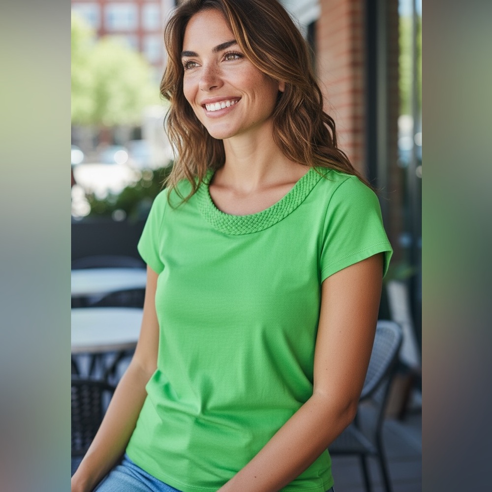 Talbots  MP Vibrant Green Braided crew neck Short Sleeve soft tee